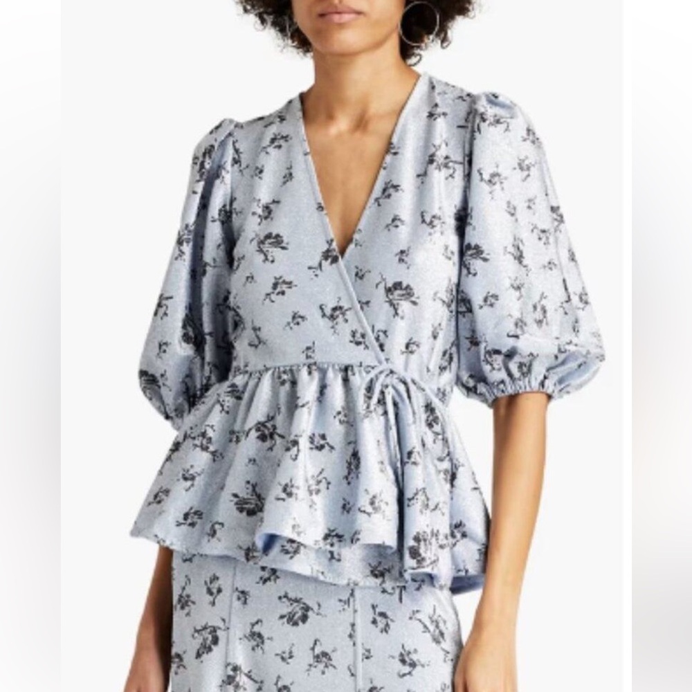 Ganni Light Blue Floral Wrap Peplum Blouse